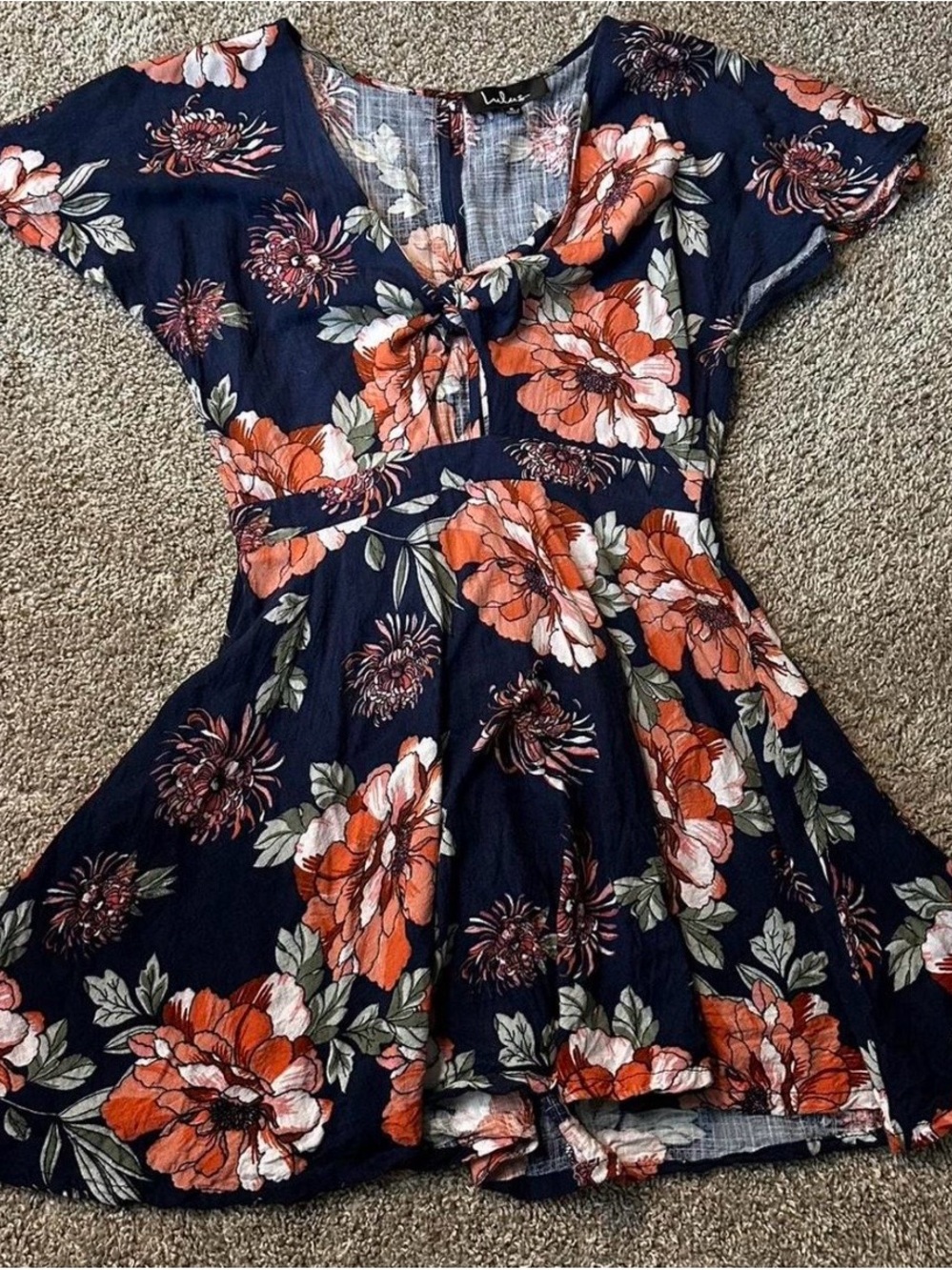 Navy Floral Tie-Front Dress - Orange & White Blooms